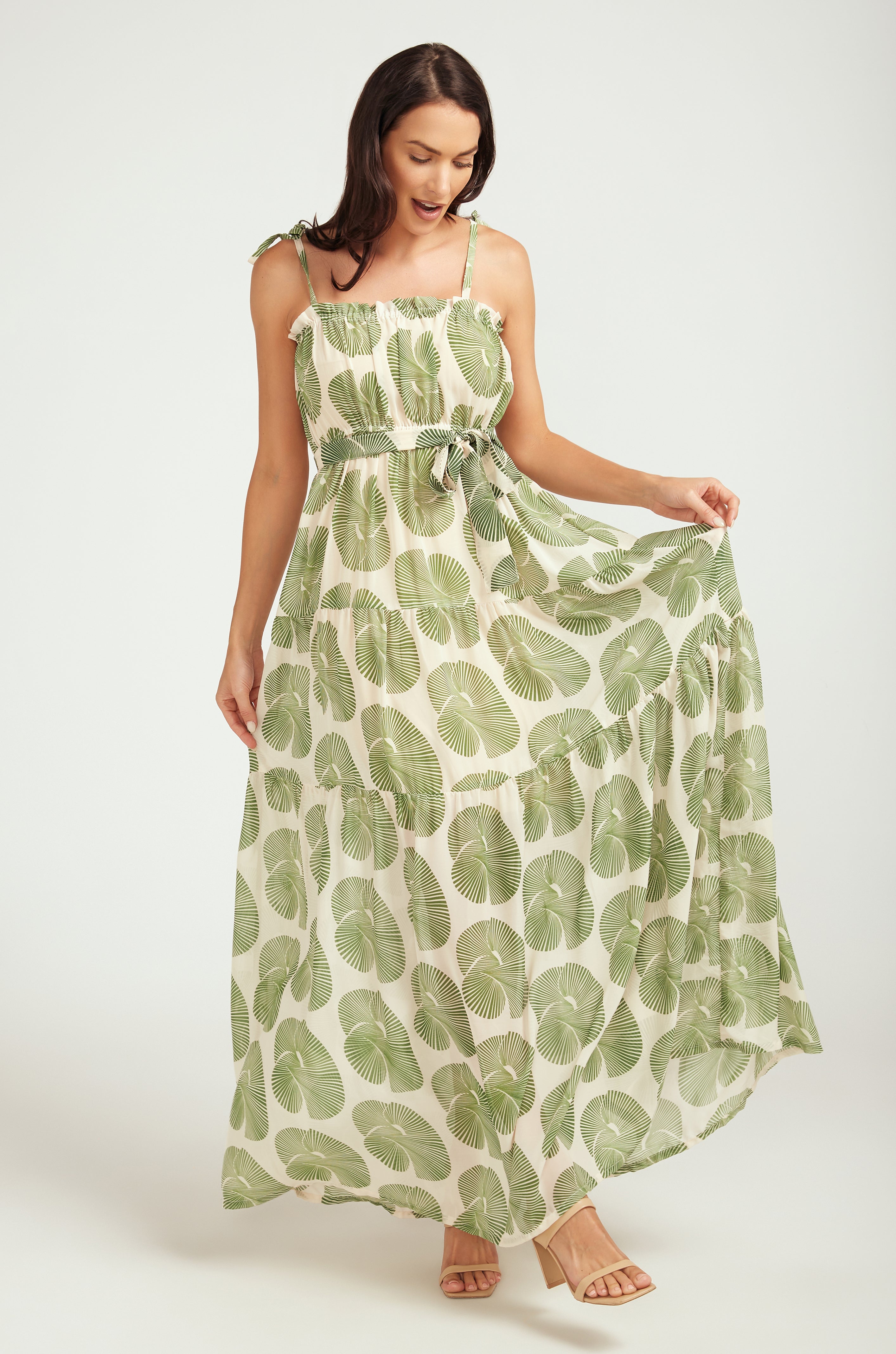 MAXI Tiered Dress / Green Fan Print