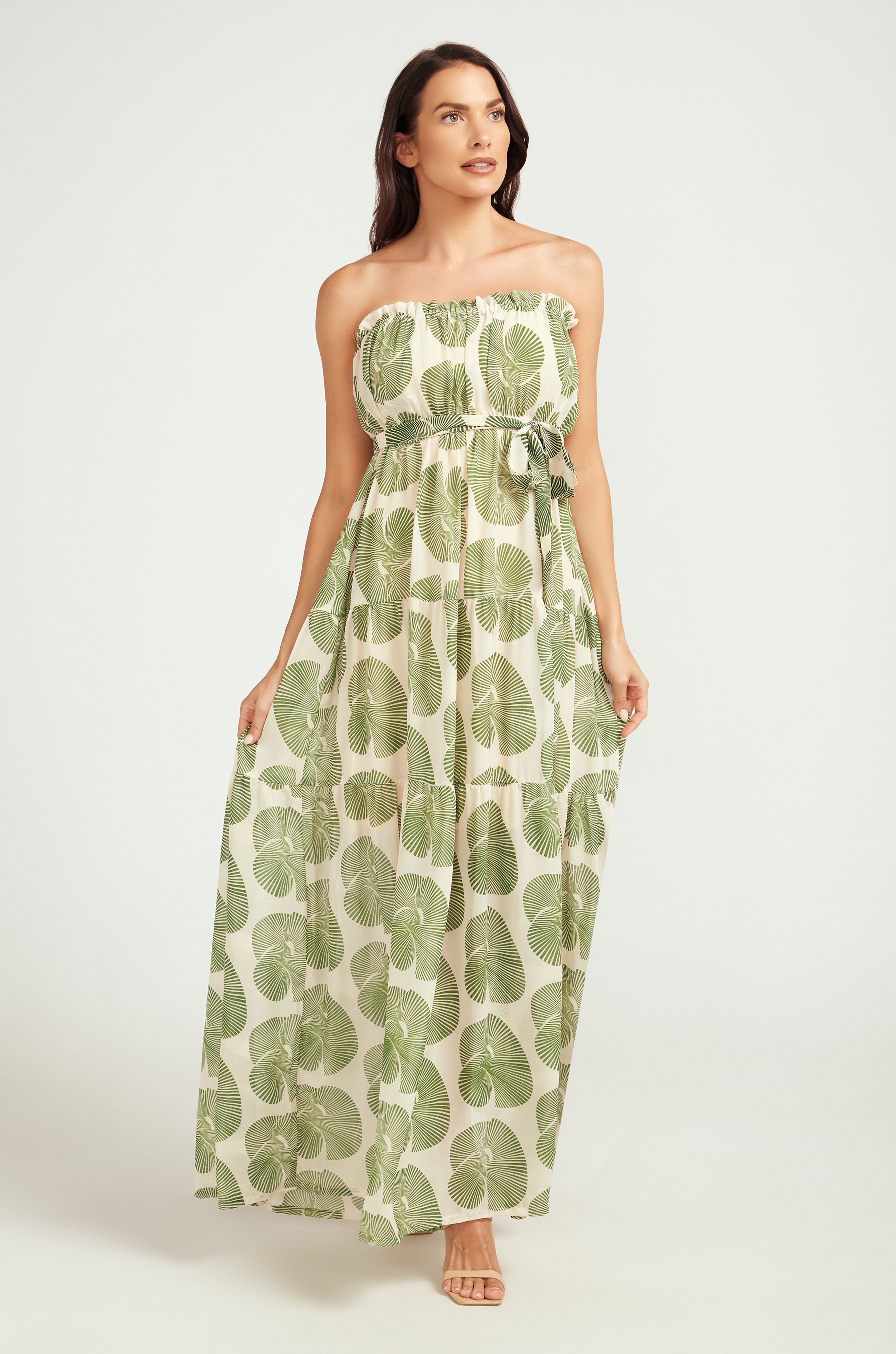 MAXI Tiered Dress / Green Fan Print